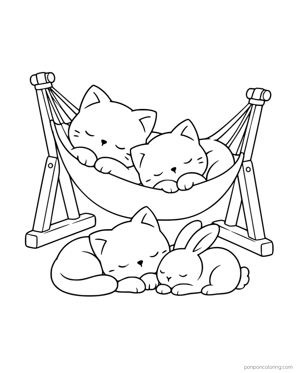 Two kittens resting in a hammock while another kitten and a rabbit sleep beside its wooden stand.