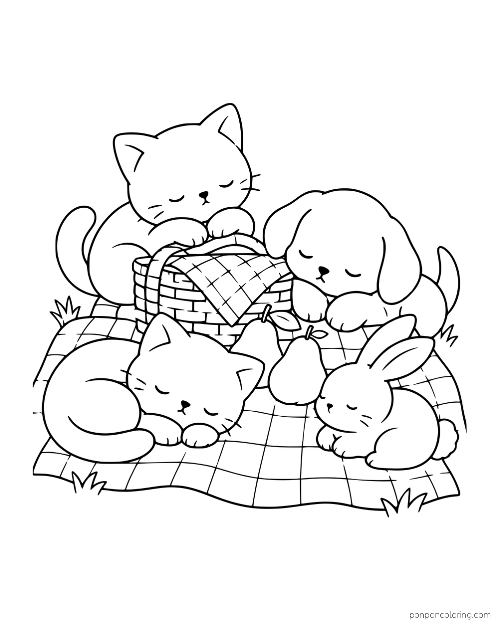 Two kittens, a puppy and a rabbit resting beside a basket and pears on a picnic blanket.