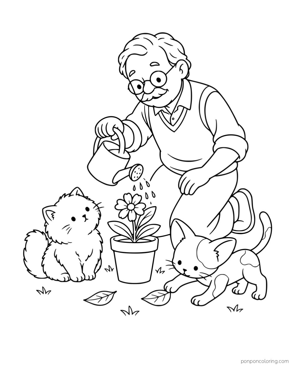 A man watering a potted flower while a fluffy kitten watches and a large-eared kitten reaches for a leaf.