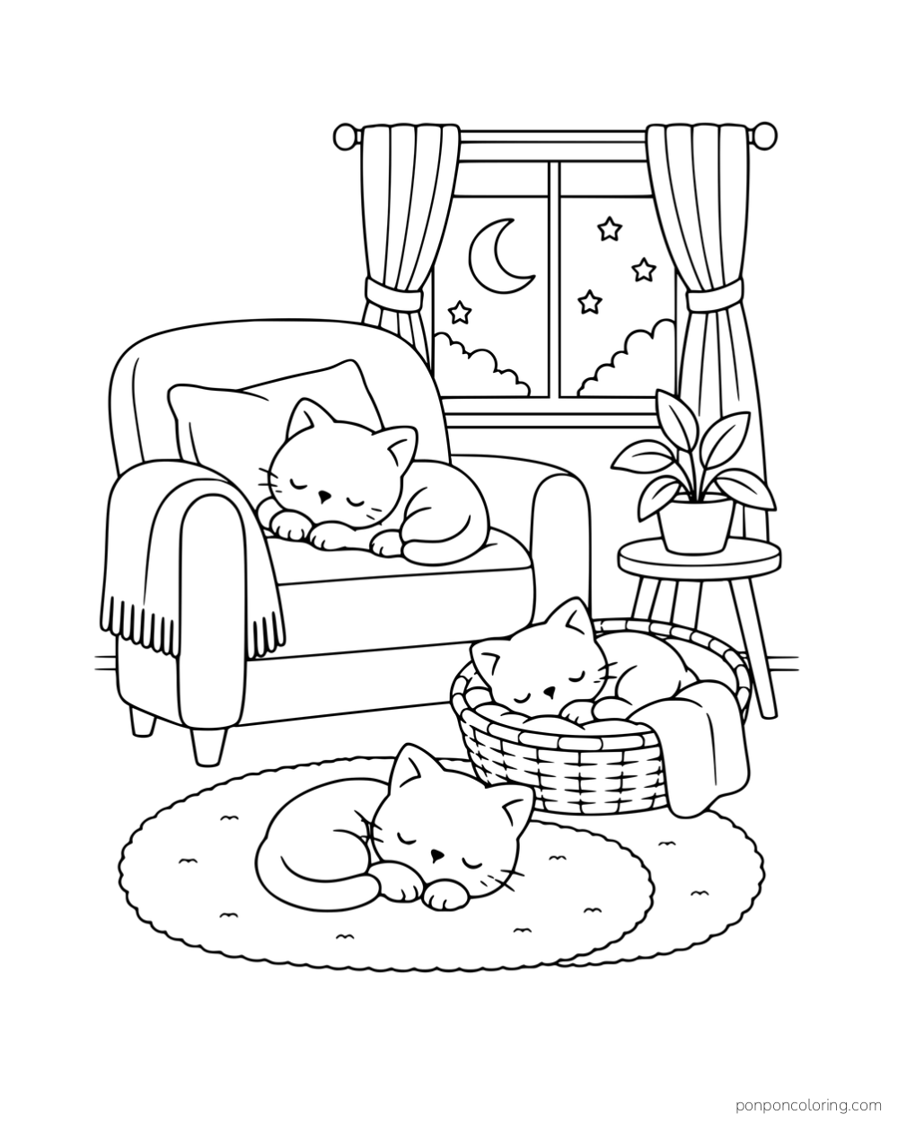 Three kittens sleeping in an armchair, a basket and on a rug near a moonlit window.