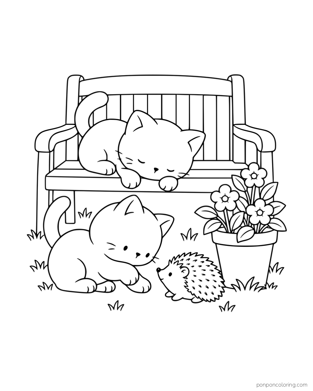 One kitten resting on a garden bench while another watches a hedgehog beside a flowerpot.