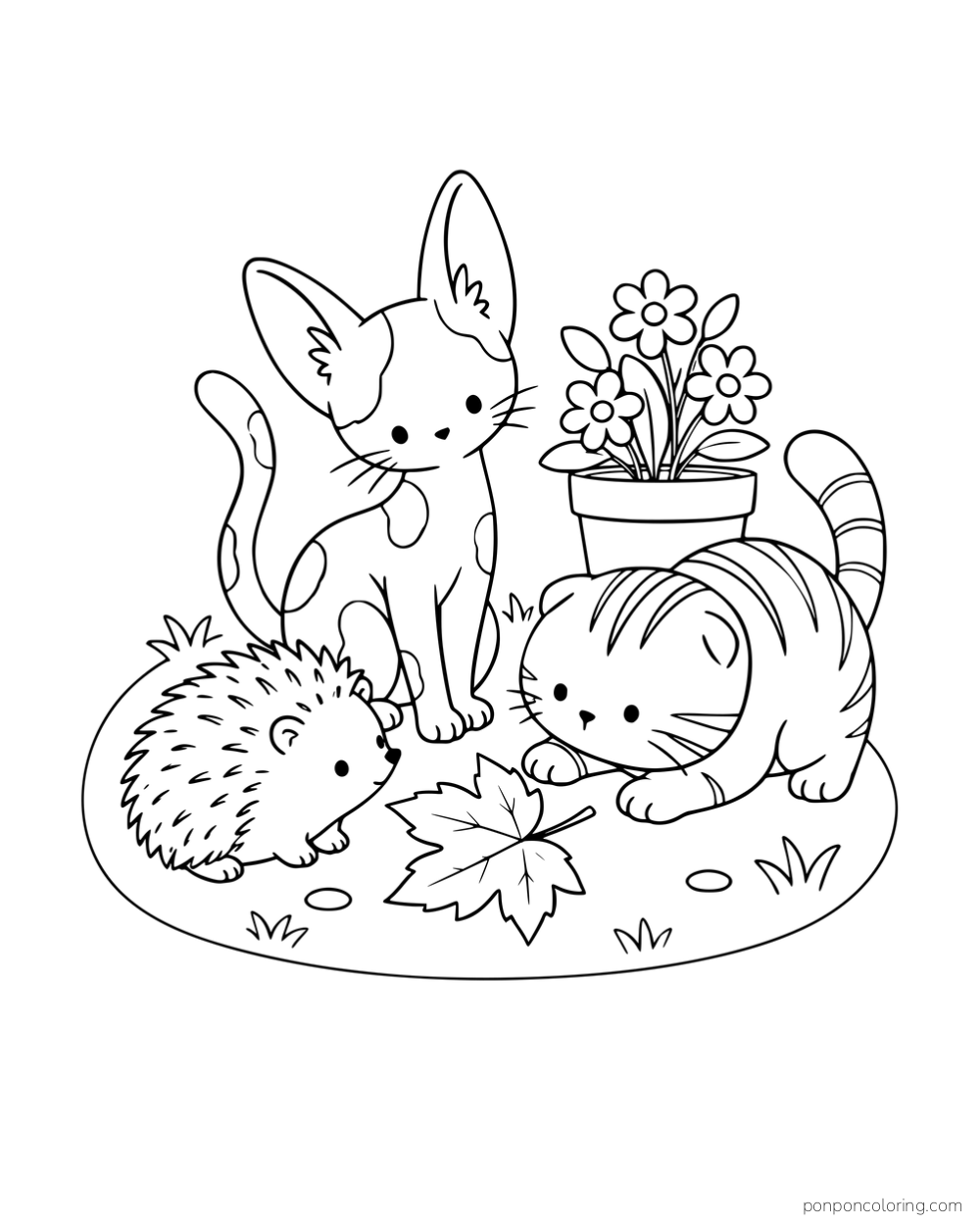 A hedgehog and two differently shaped kittens investigating a leaf beside a flower pot.