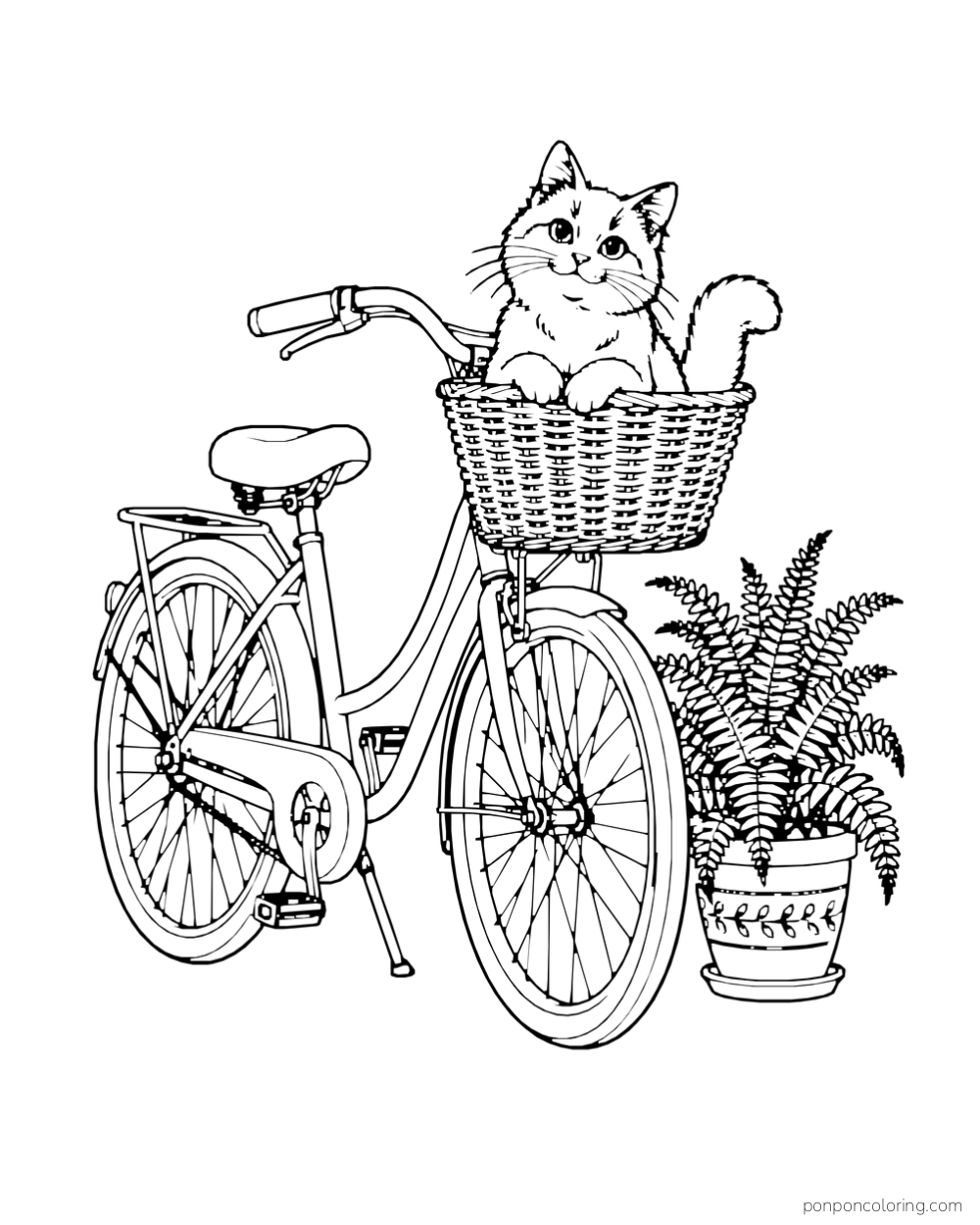 A kitten rides in the front basket of a bicycle beside a potted fern.
