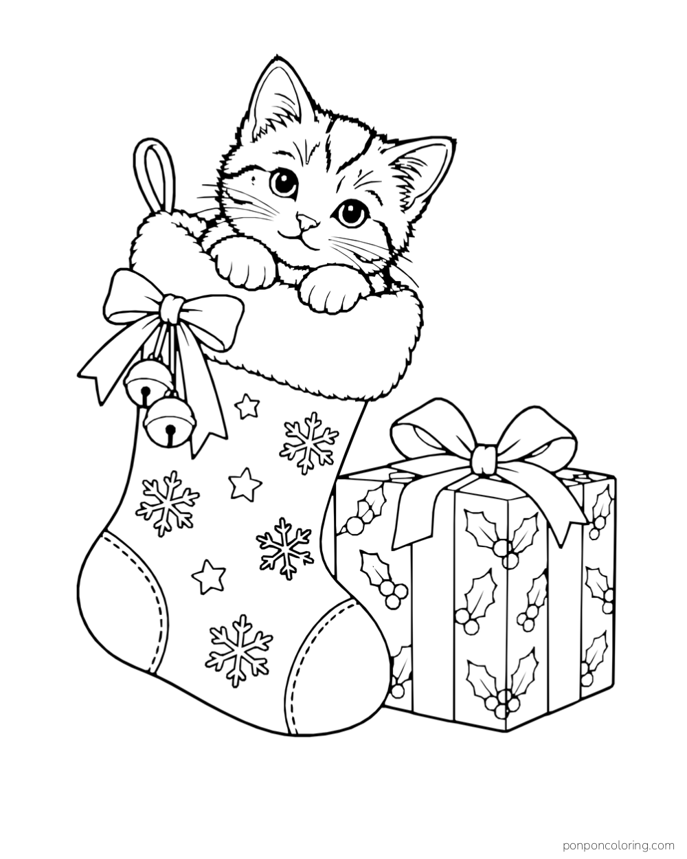 A kitten peeks from a snowflake stocking beside a wrapped present.