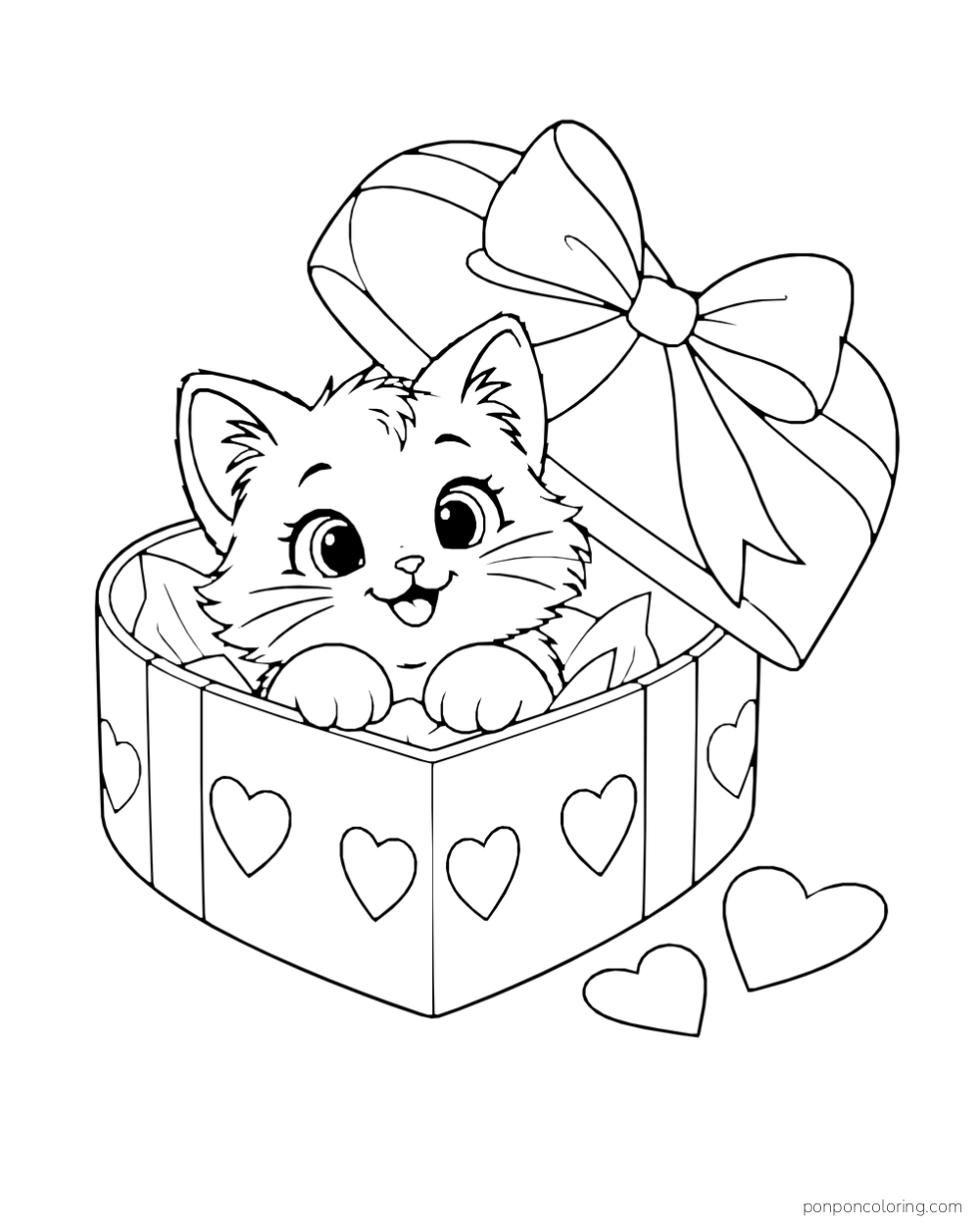 A kitten peeks from a heart-shaped gift box beneath a large ribbon bow.