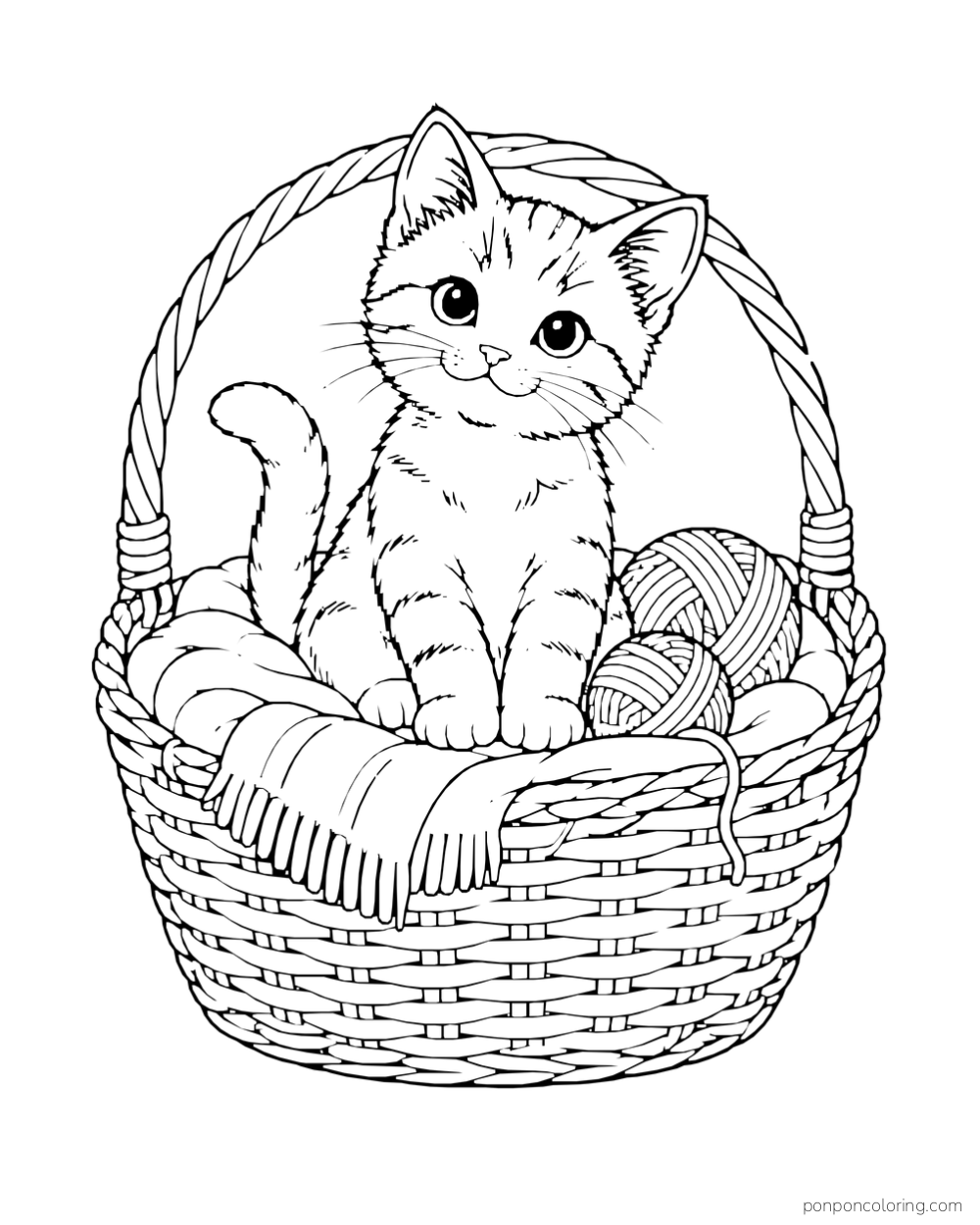 A kitten sits in a woven basket with a folded blanket and two balls of yarn.