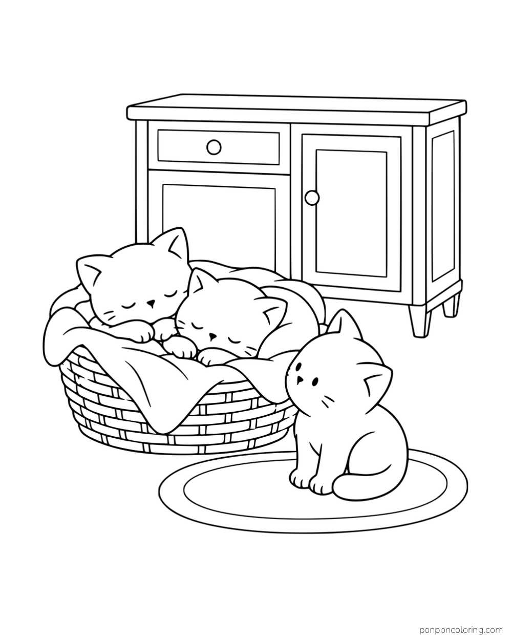 Two kittens sleeping in a basket beside kitchen cupboards while another sits on a rug.