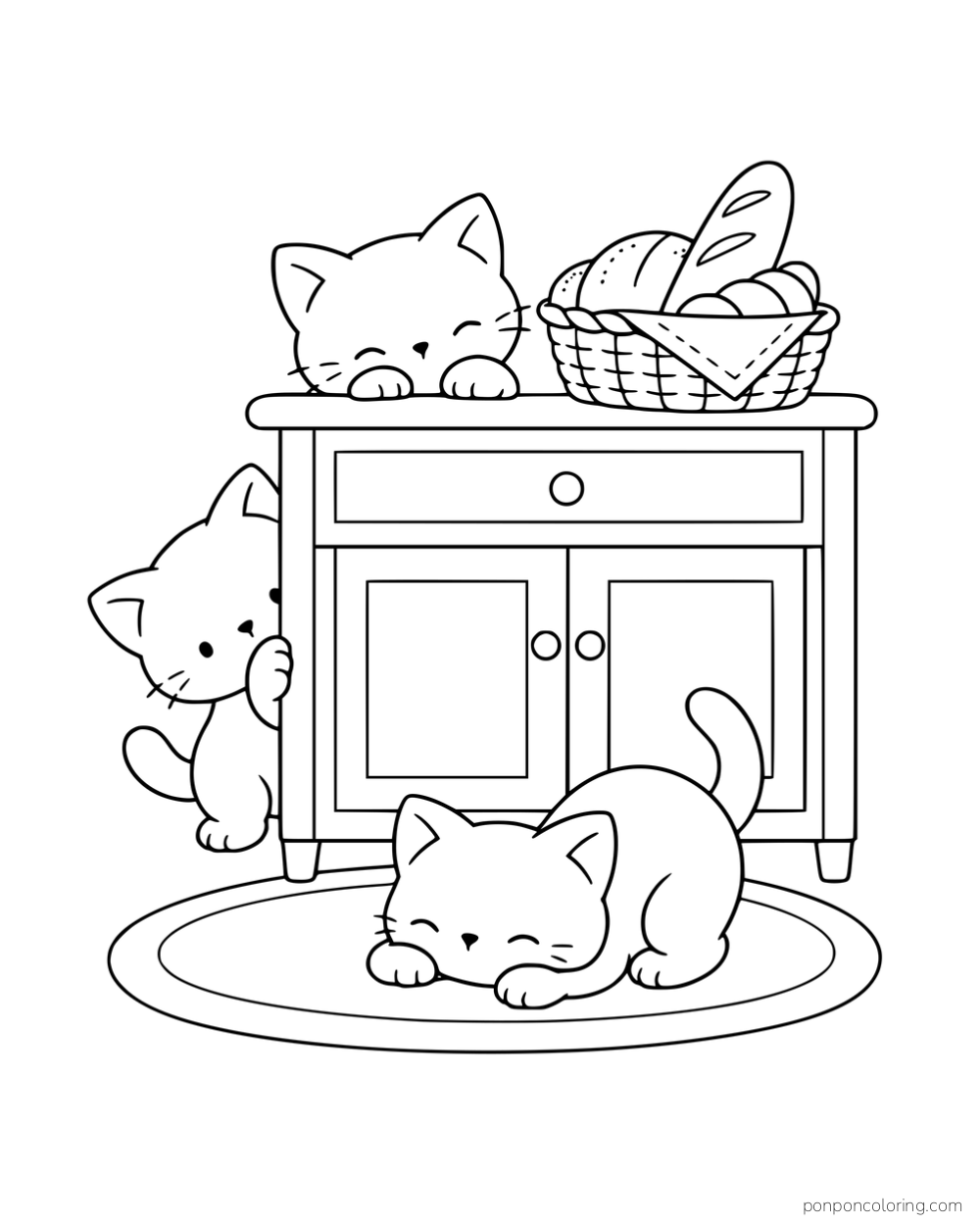 Three kittens peeking around a kitchen cabinet and resting on a rug below a bread basket.