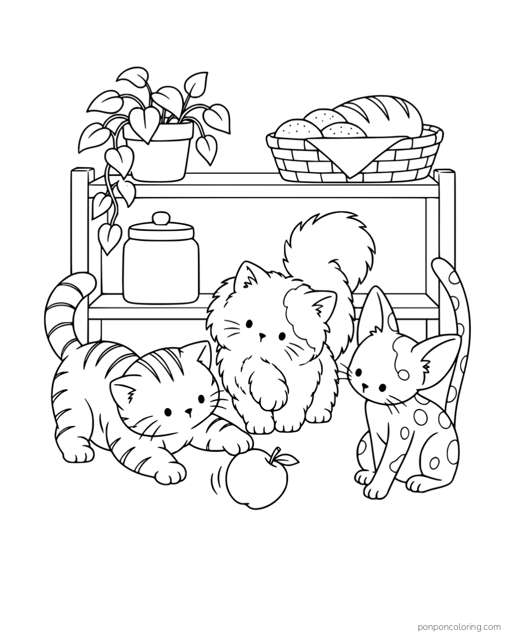 Three different kittens watching an apple on the floor beside a low kitchen shelf.