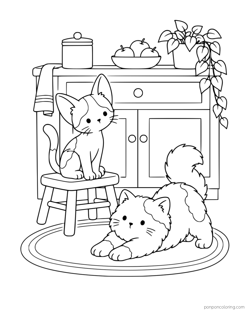 A large-eared kitten on a kitchen stool while a fluffy patch-coated kitten stretches on a rug.