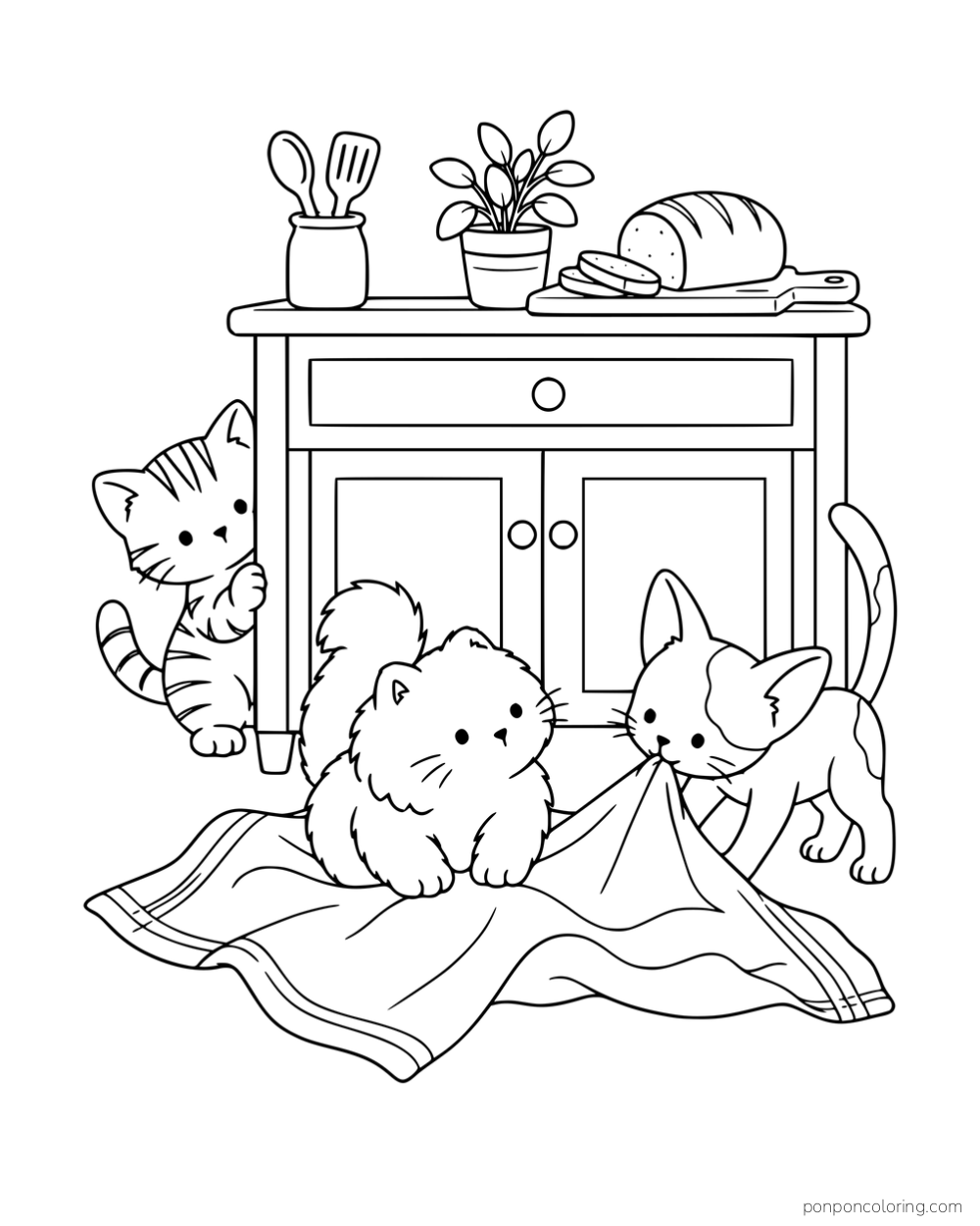 Three different kittens tugging and sitting on a towel beside a kitchen cabinet with bread, a plant and utensils.
