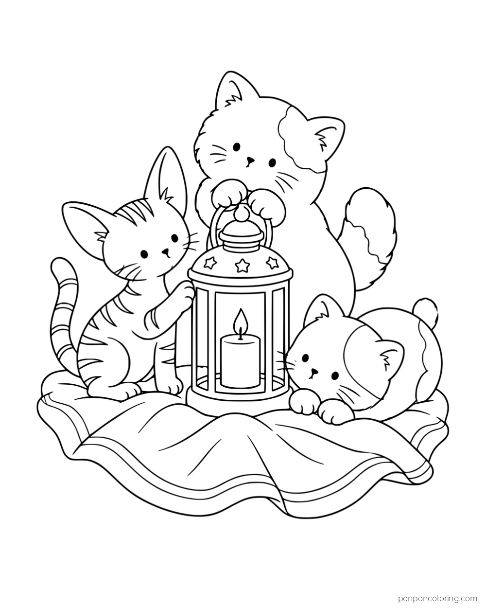 Three different kittens gathered around a lantern on a blanket.
