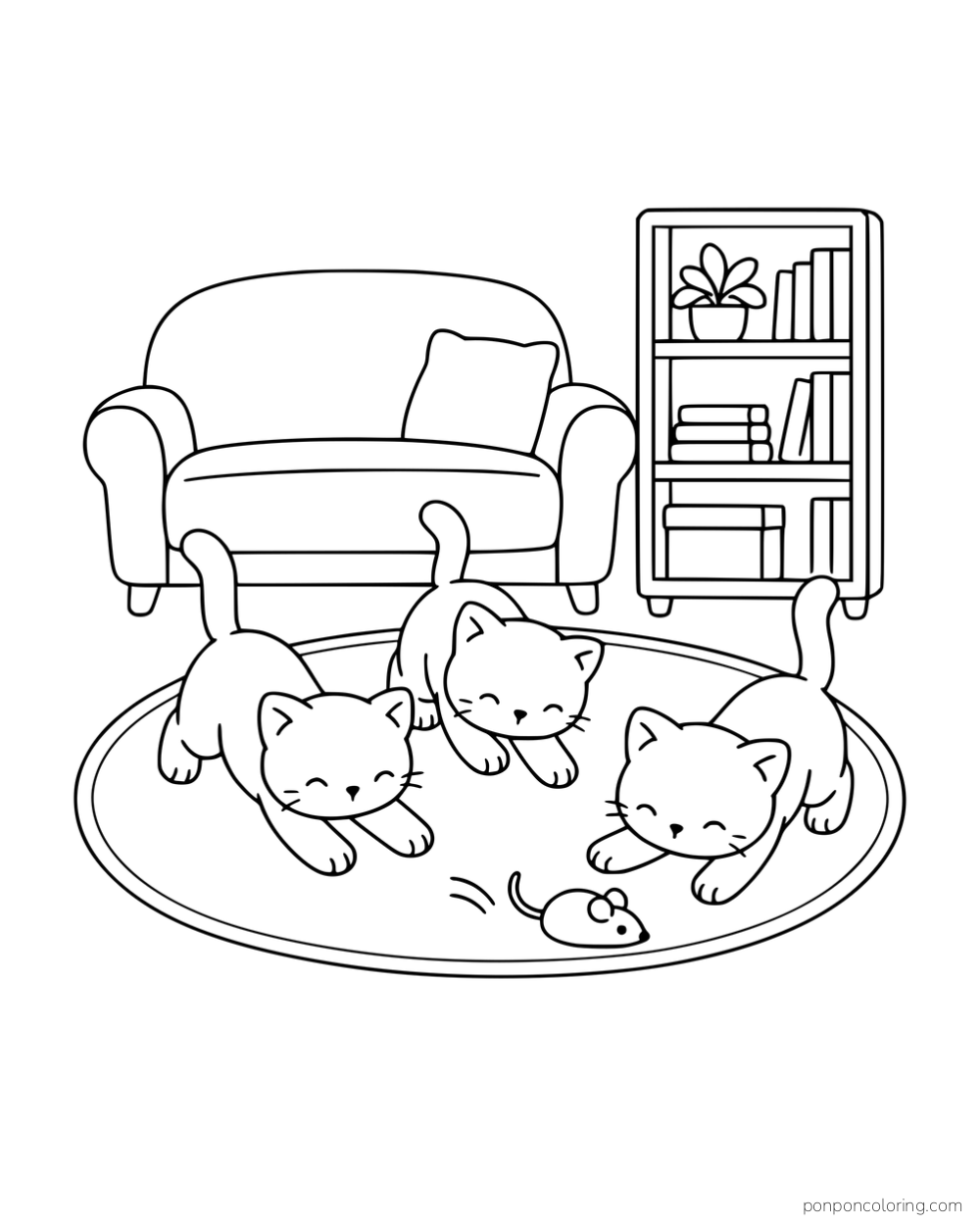 Three kittens chasing a toy mouse across a living-room rug in front of a sofa and bookshelf.