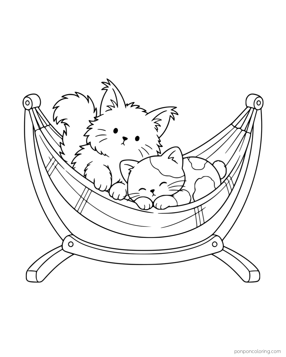 A fluffy kitten and a short-haired patch-coated kitten resting in a freestanding hammock.