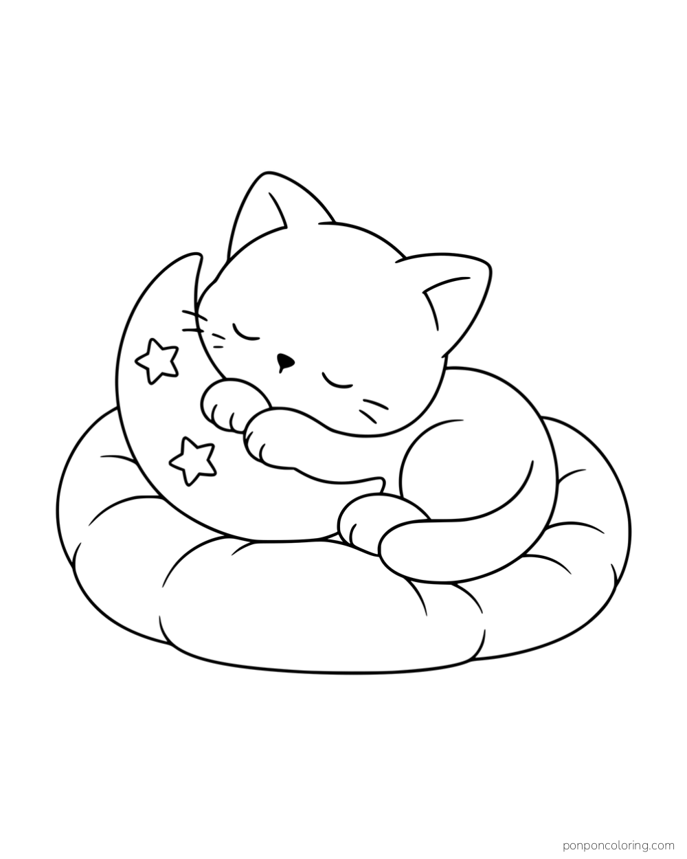 A kitten hugging a crescent-shaped pillow decorated with stars on a round cushion.