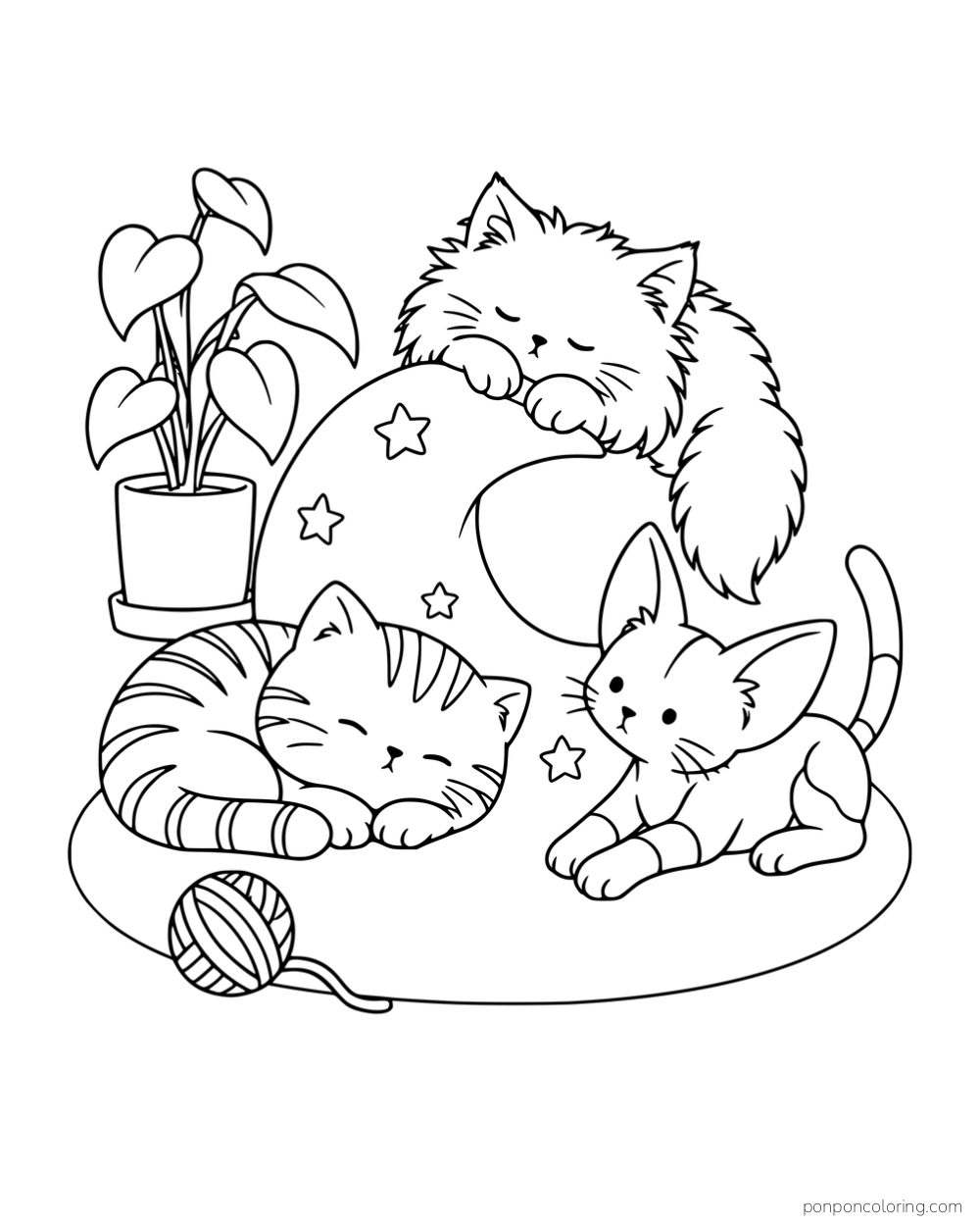 Three kittens resting around a crescent pillow with a plant and yarn nearby.