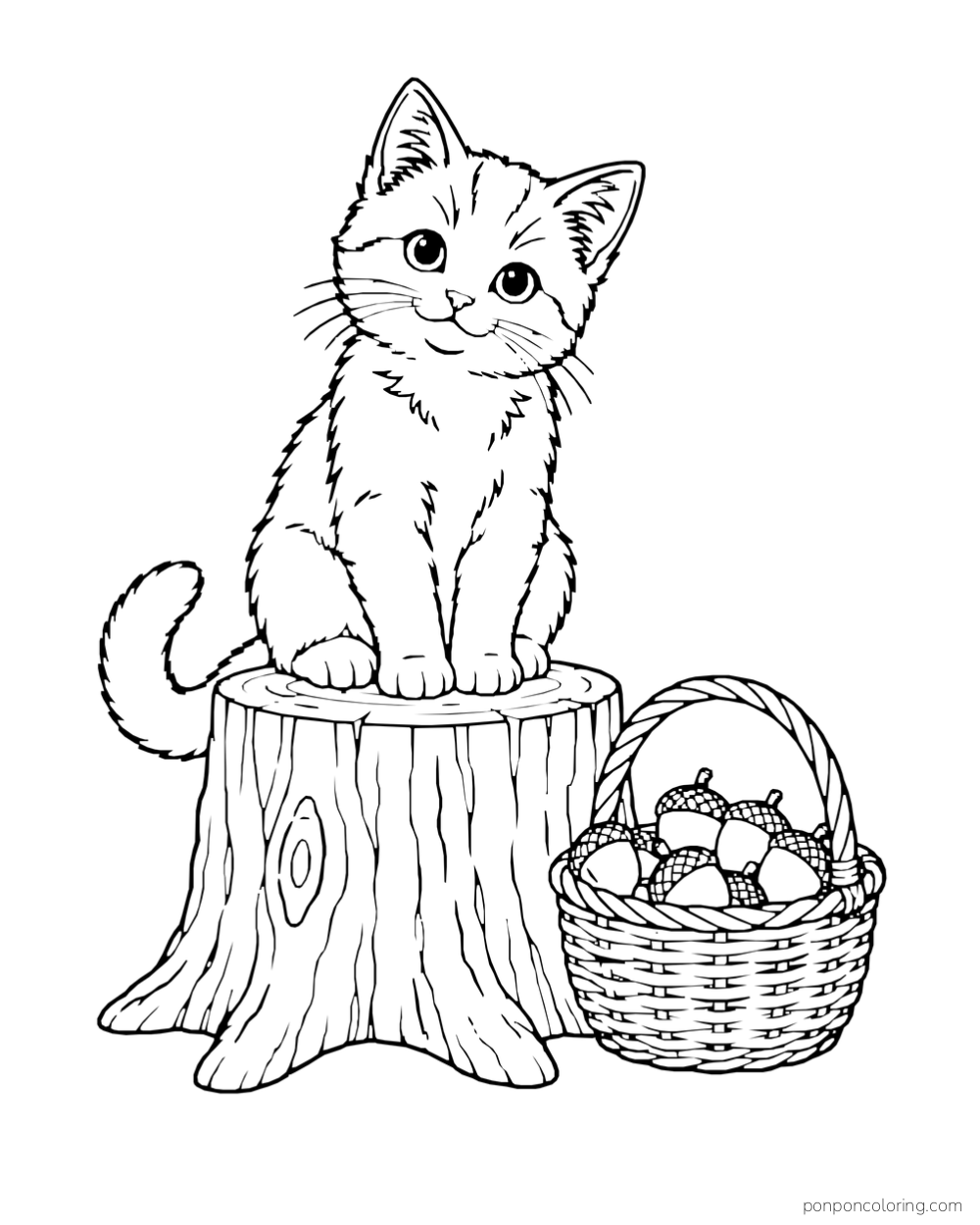 A kitten sits on a tree stump beside a basket of acorns.