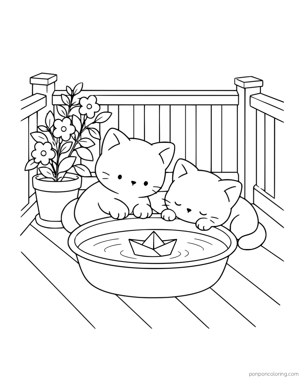 Two kittens watching a paper boat in a shallow basin on a porch beside a flowering plant.