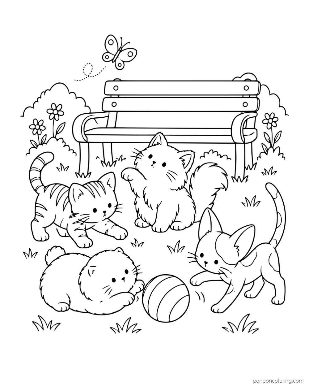 Four kittens with different ears, fur and coat markings playing around a ball beside a park bench.