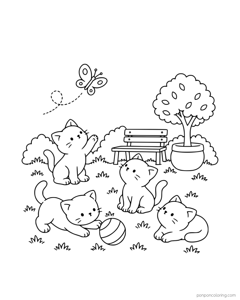 Four kittens playing with a ball and watching a butterfly beside a park bench and a potted tree.