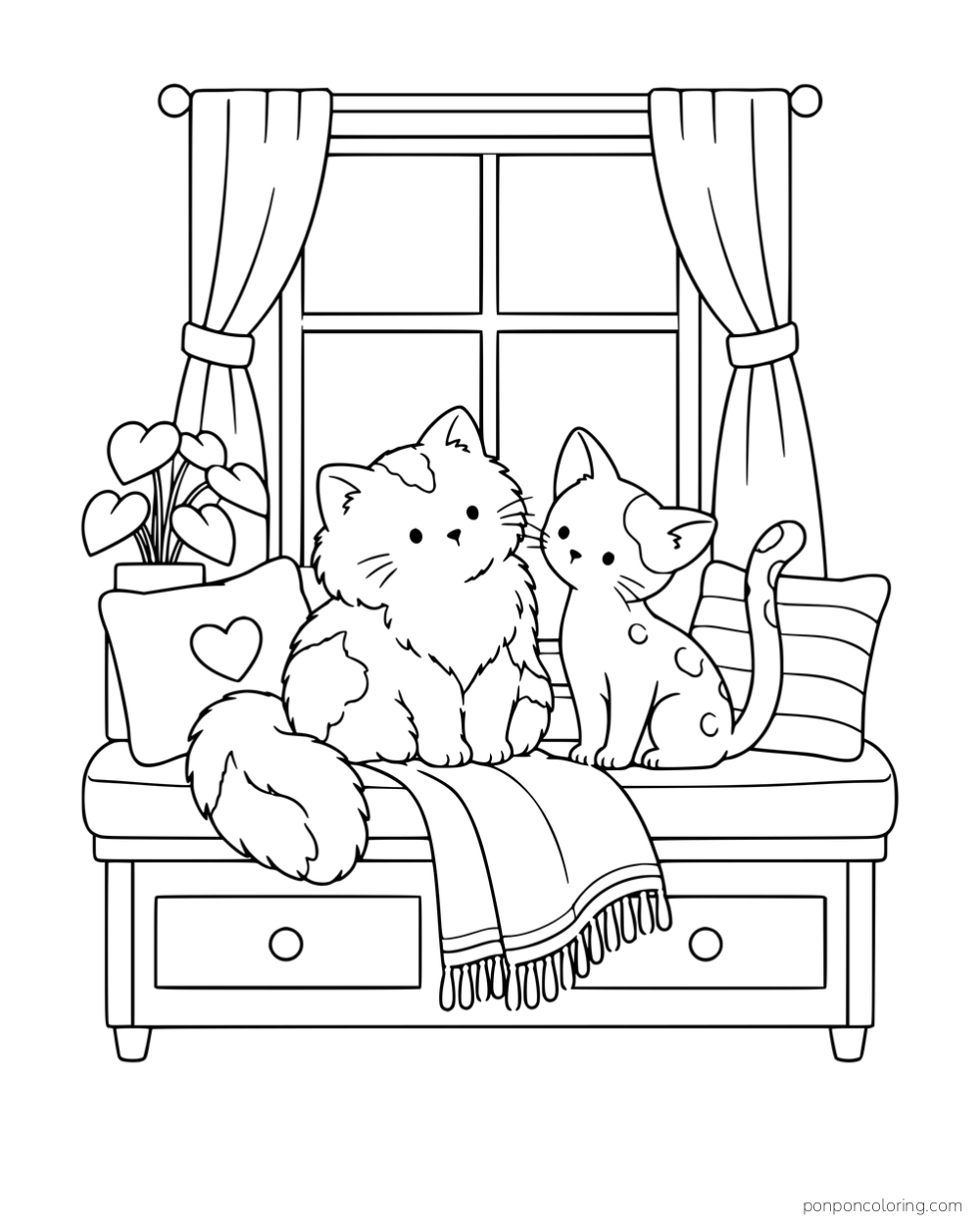 A fluffy kitten and a short-haired patch-coated kitten sitting together on a window seat.