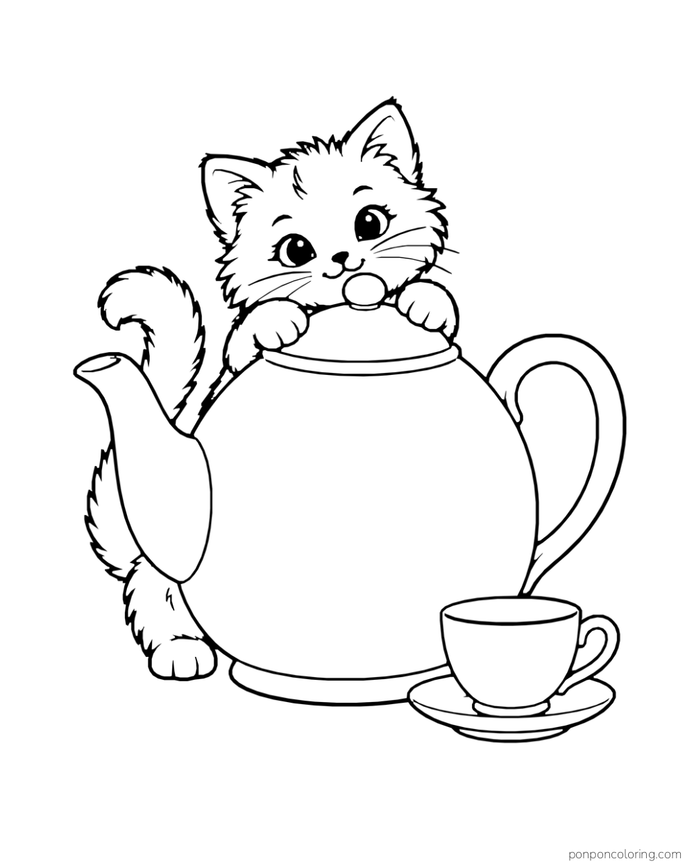 Kitten peeks from behind a large rounded teapot with paws on its lid; one cup sits beside it.
