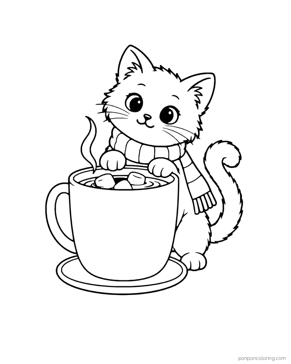 A scarf-wearing kitten rests its paws on a large cocoa mug with its curled tail visible behind.