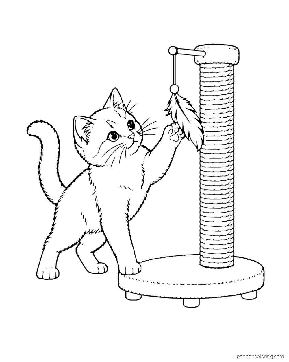 A kitten reaches for a dangling feather toy on a freestanding scratching post.