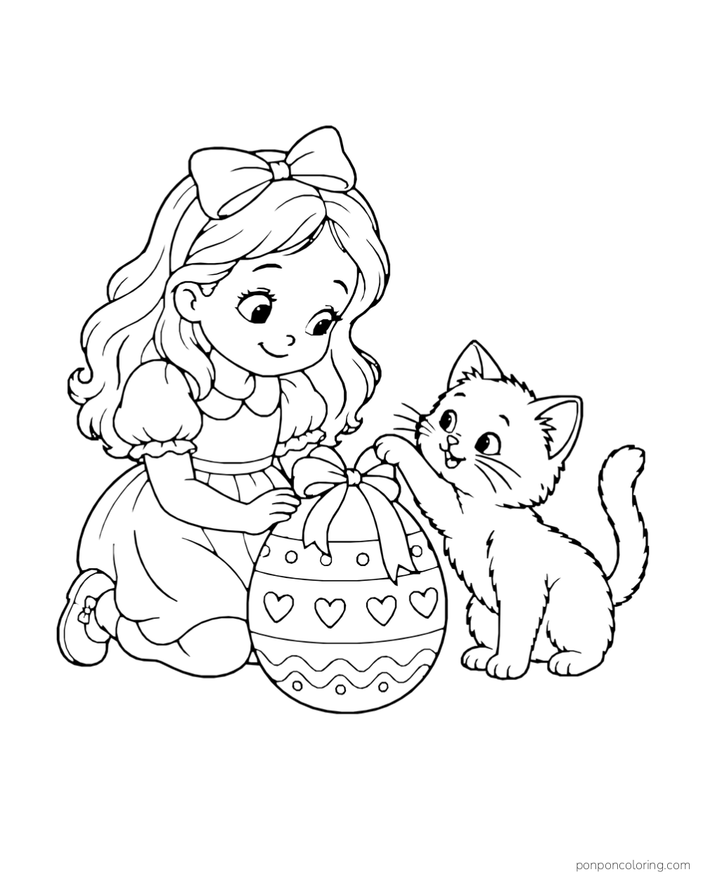 A kitten reaches for a bow on a large patterned Easter egg while a child kneels beside it.