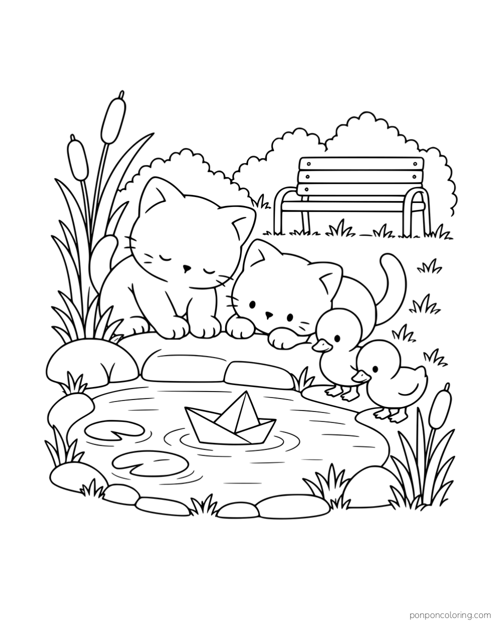 Two kittens and two ducklings watching a paper boat on a small pond beside reeds and a bench.