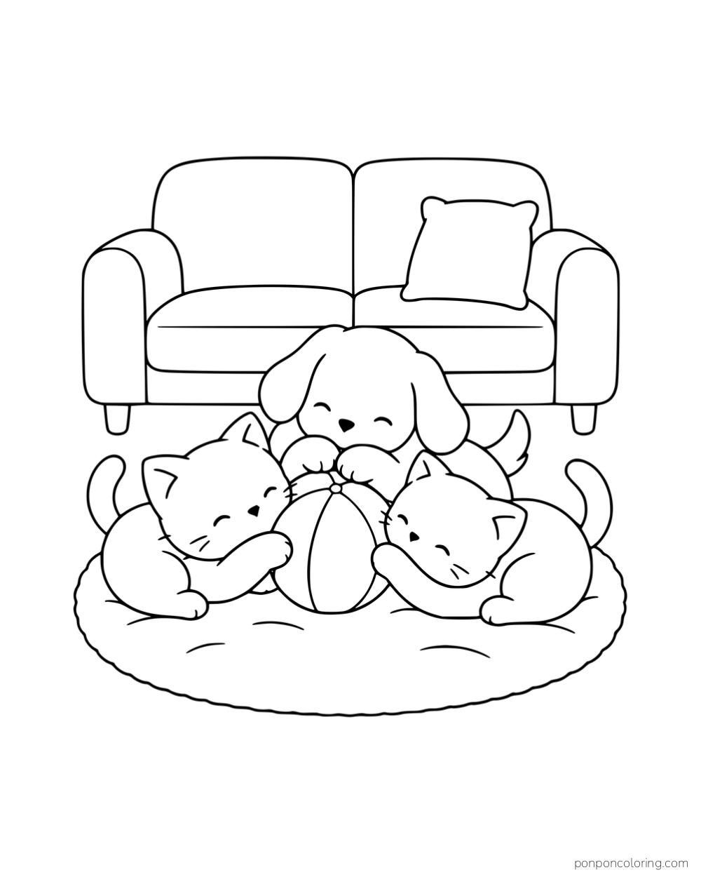 Two kittens and a puppy gathered around a ball on a rug in front of a sofa.