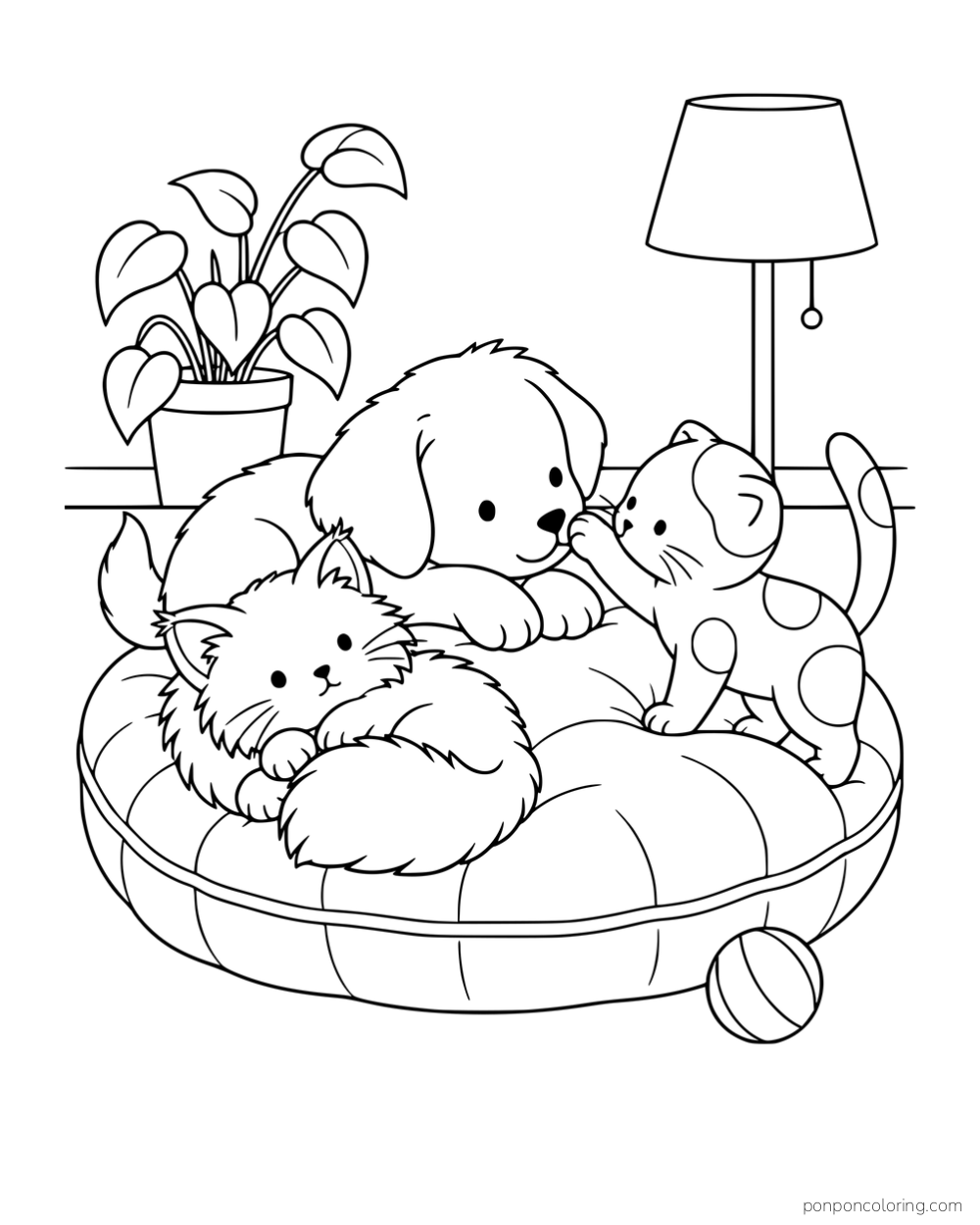 A puppy sharing a large cushion with a fluffy kitten and a short-haired kitten with outlined patches.