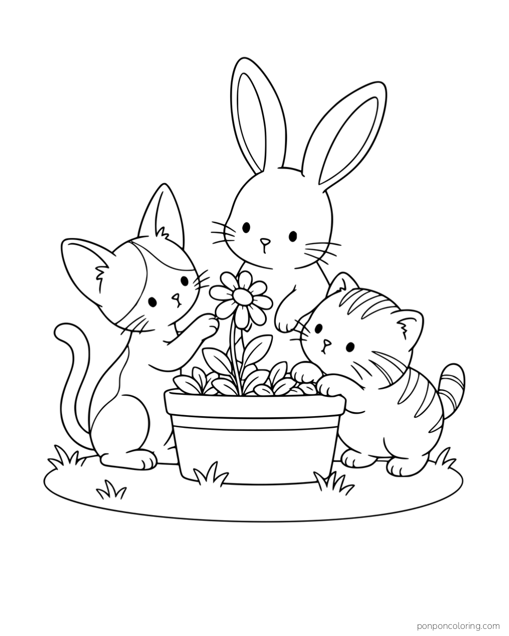 A rabbit and two kittens with different builds gathered around a potted flower.