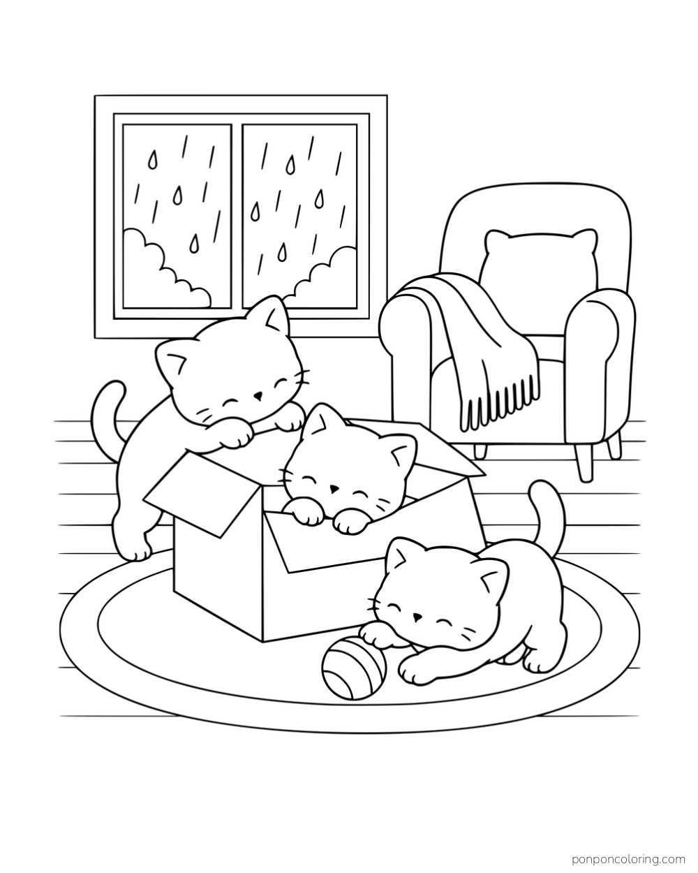 Three kittens playing around an open cardboard box and ball near a rainy window and armchair.