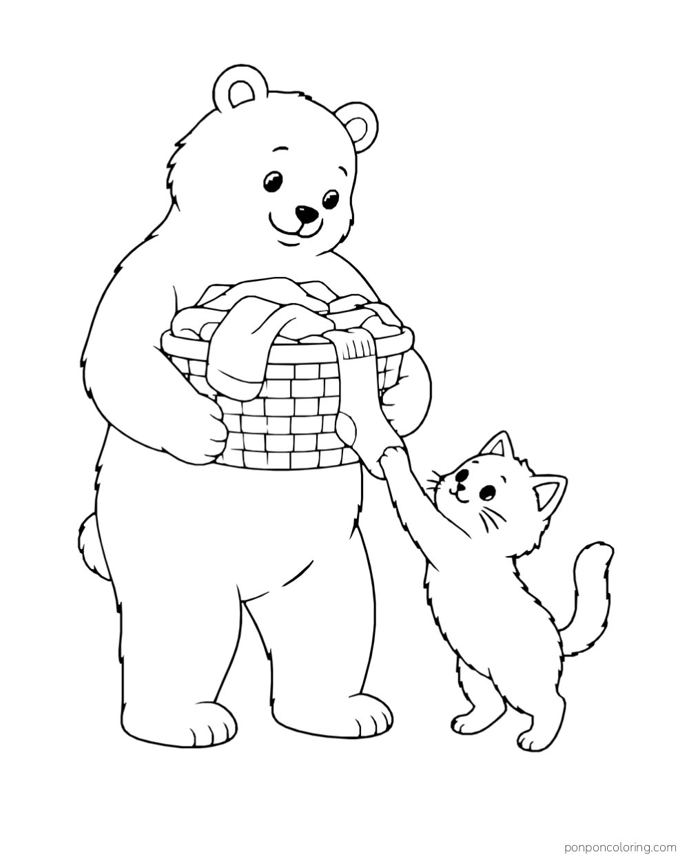 A kitten reaches for a sock hanging from the laundry basket carried by a bear.