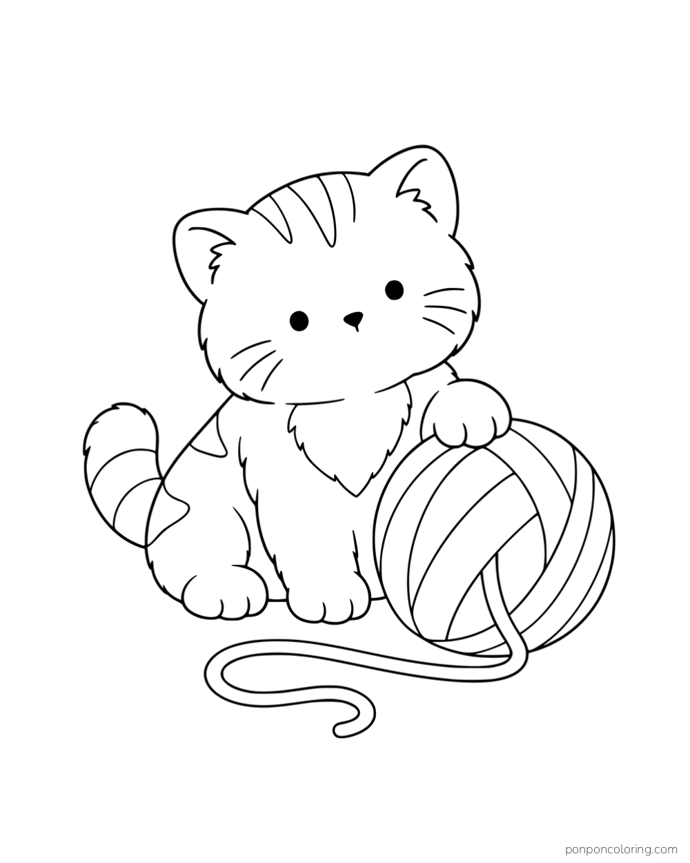 A round-cheeked striped kitten resting its paws beside a large ball of yarn.
