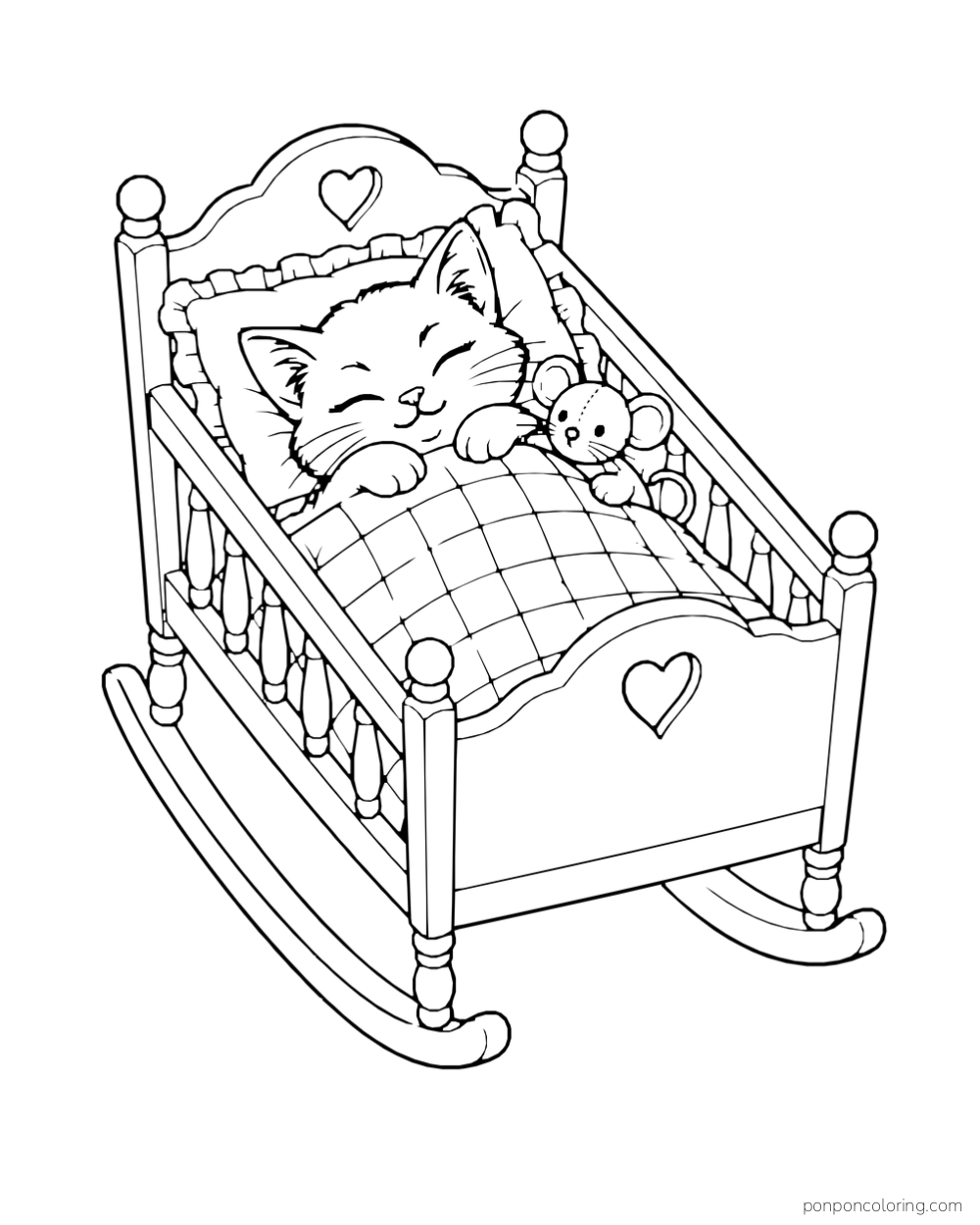 A kitten sleeps under a checked blanket in a wooden cradle beside a toy mouse.