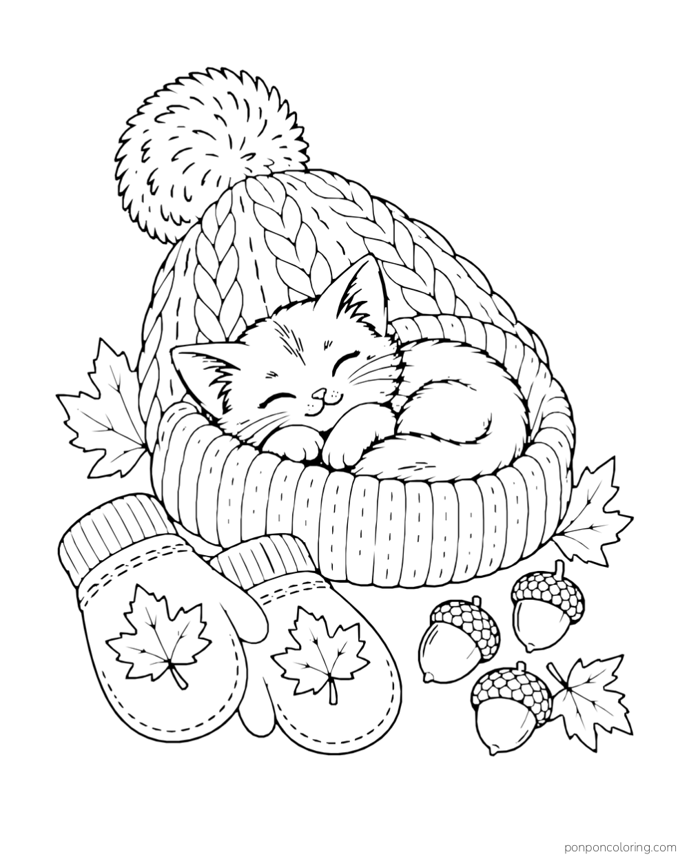 A kitten naps inside a knitted hat beside mittens, acorns, and maple leaves.