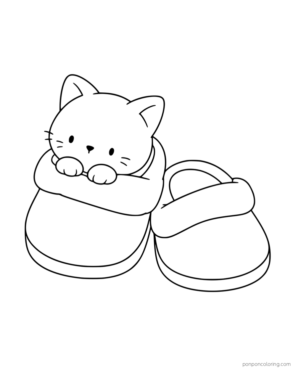 A kitten peeking out of one slipper beside a matching slipper.