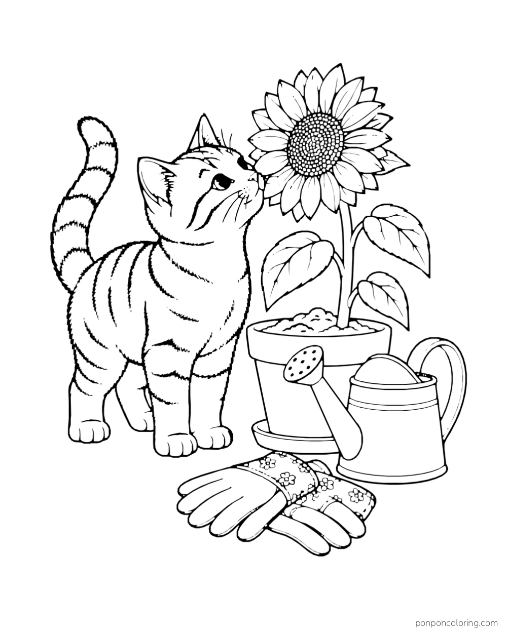 A kitten sniffs a potted sunflower beside a watering can and gardening gloves.