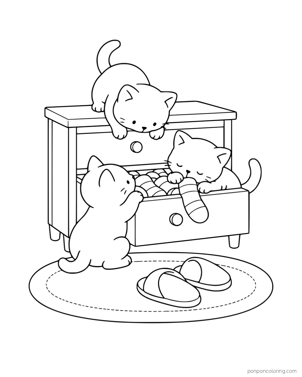 Three kittens exploring an open sock drawer beside a pair of slippers on a rug.