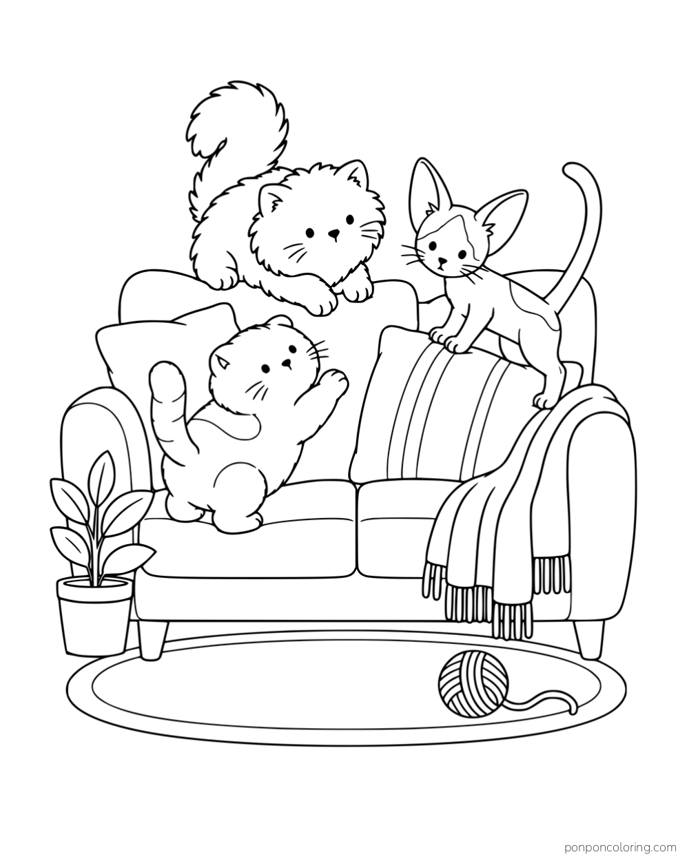A fluffy kitten, a large-eared kitten and a round-faced kitten climbing over a sofa and its cushions.