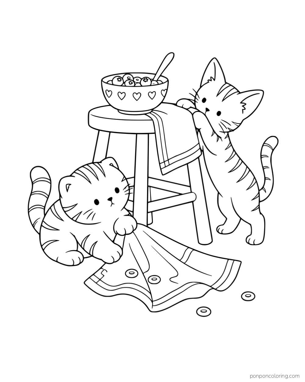 Two differently built striped kittens investigating a stool, a cereal bowl and a fallen cloth.