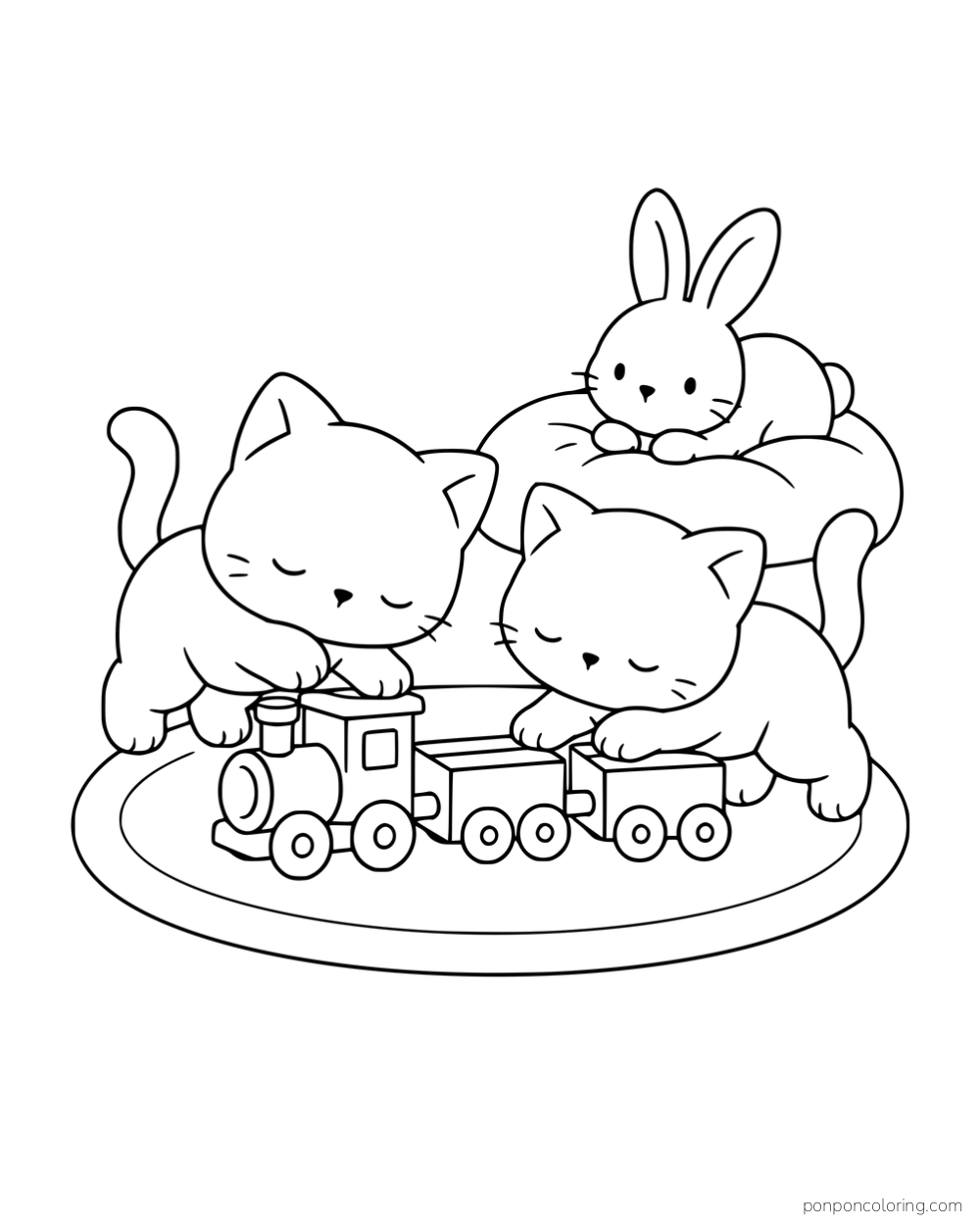 Two kittens playing with a wooden toy train while a rabbit watches from a cushioned stool.