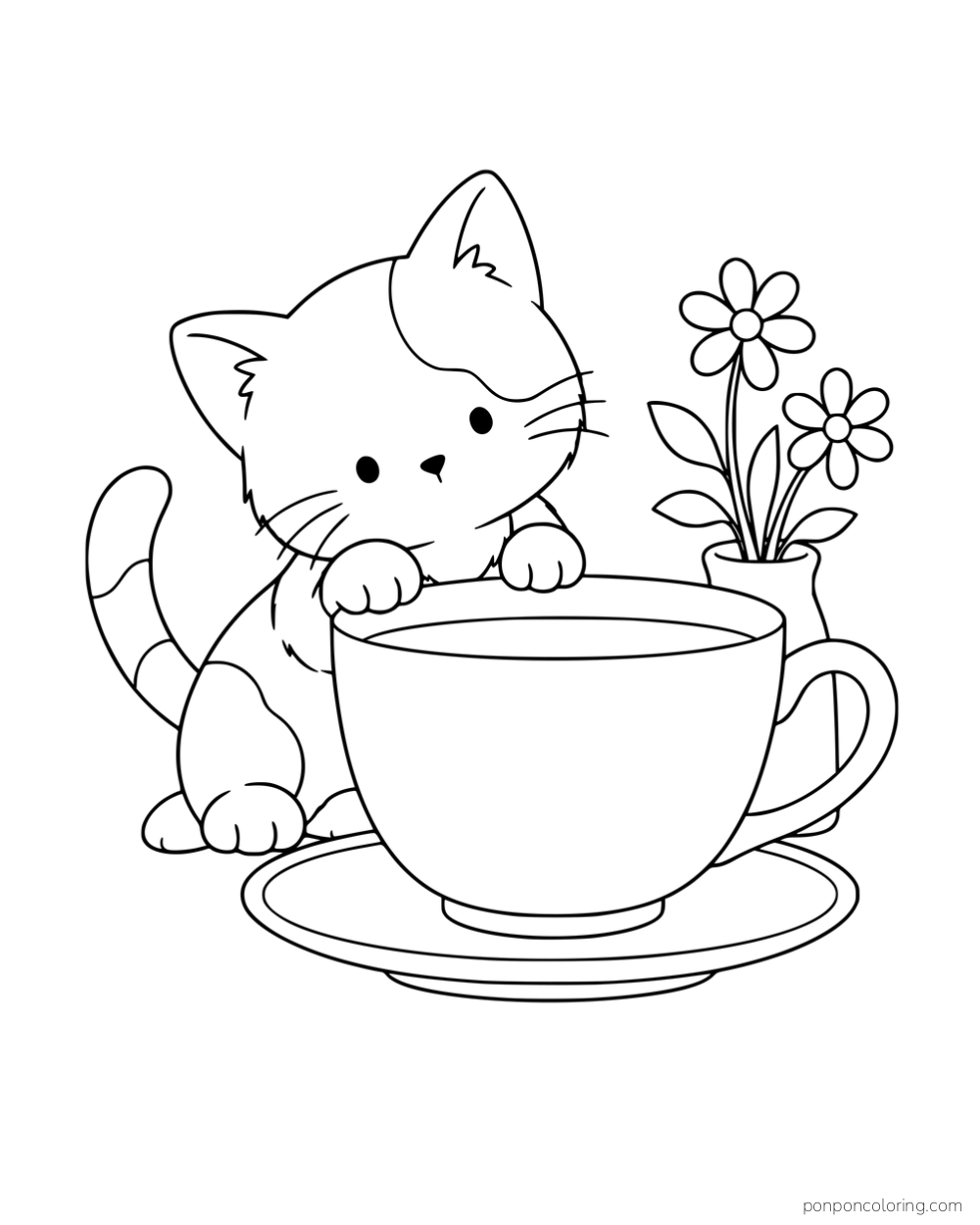 A kitten with outlined coat patches peeking over a large teacup and saucer beside flowers.