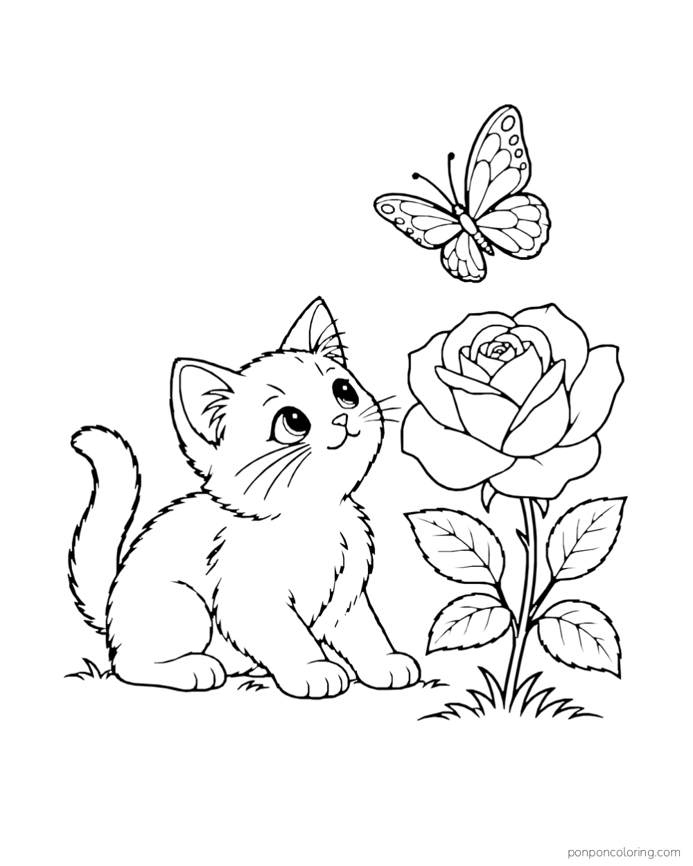Kitten sitting beside a tall rose and looking up at a butterfly.