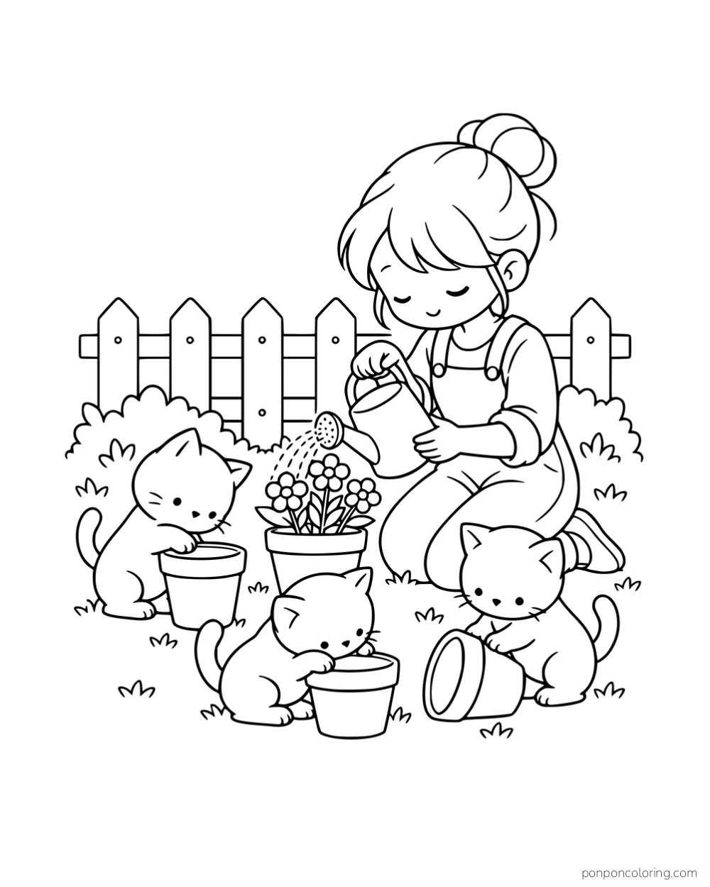 A woman watering flowers while three kittens investigate plant pots beside a garden fence.