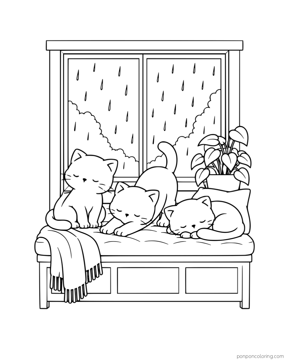 Three kittens sitting, stretching and sleeping on a rainy window seat beside a plant.