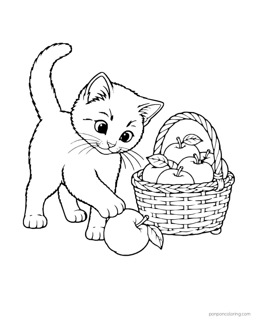 A kitten reaches for an apple beside a woven basket of apples.