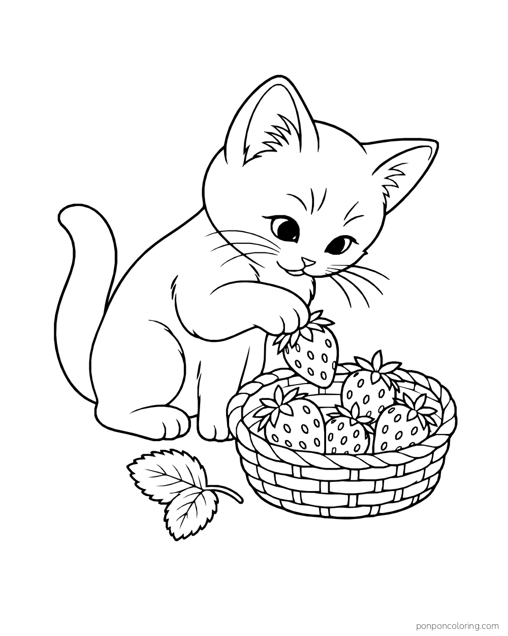 A kitten places a strawberry into a low woven basket filled with more fruit.
